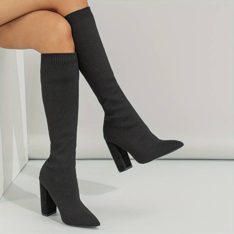 Knee-High Sock Boots for Women with Pointed Toe and Block Heel