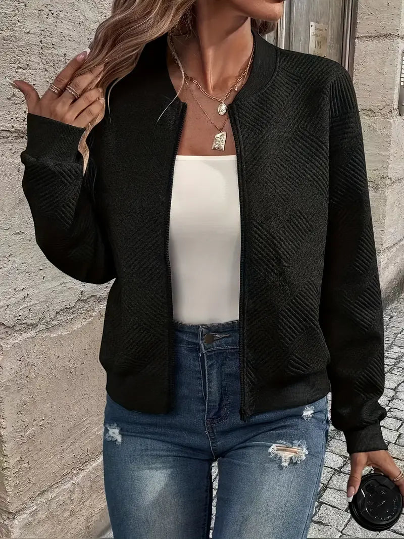 Women's Textured Zip-Up Cardigan with Ribbed Hem and Long Sleeves