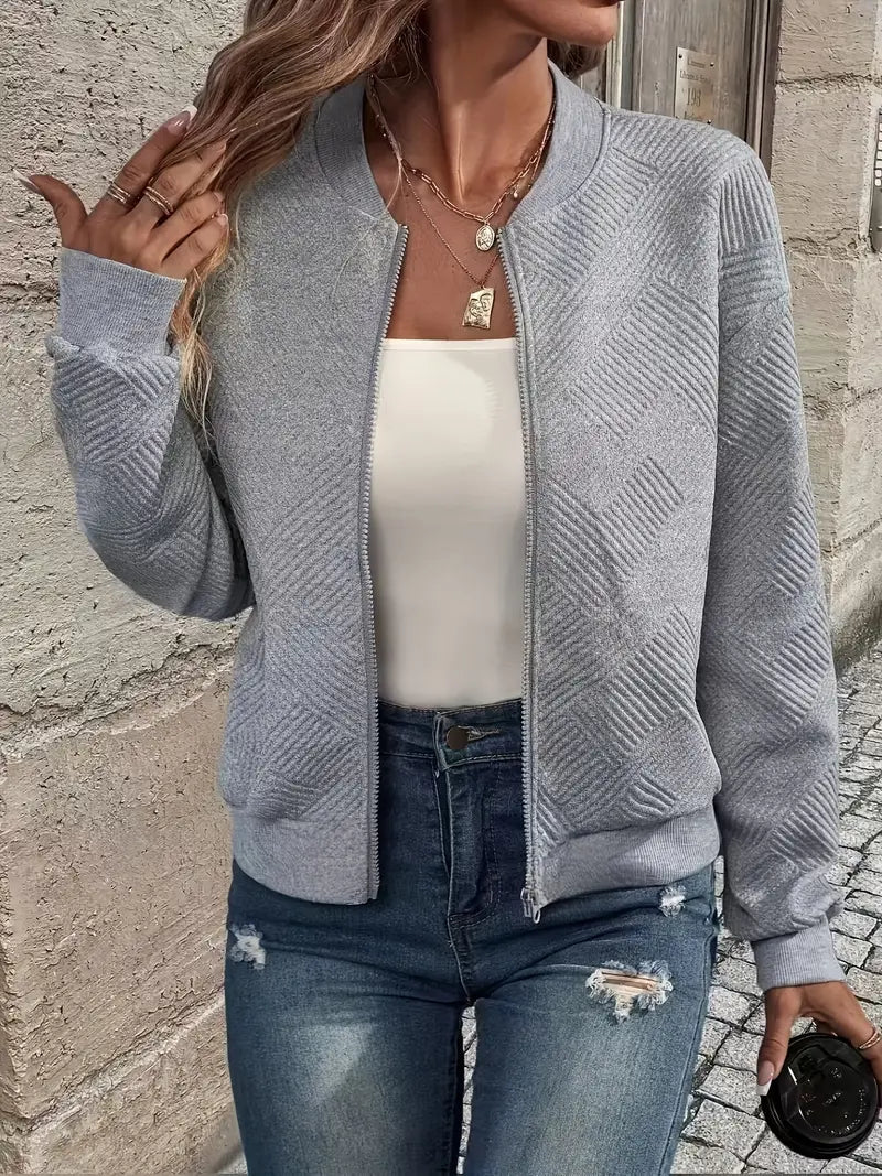 Women's Textured Zip-Up Cardigan with Ribbed Hem and Long Sleeves