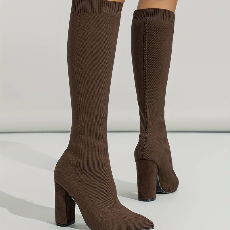 Knee-High Sock Boots for Women with Pointed Toe and Block Heel