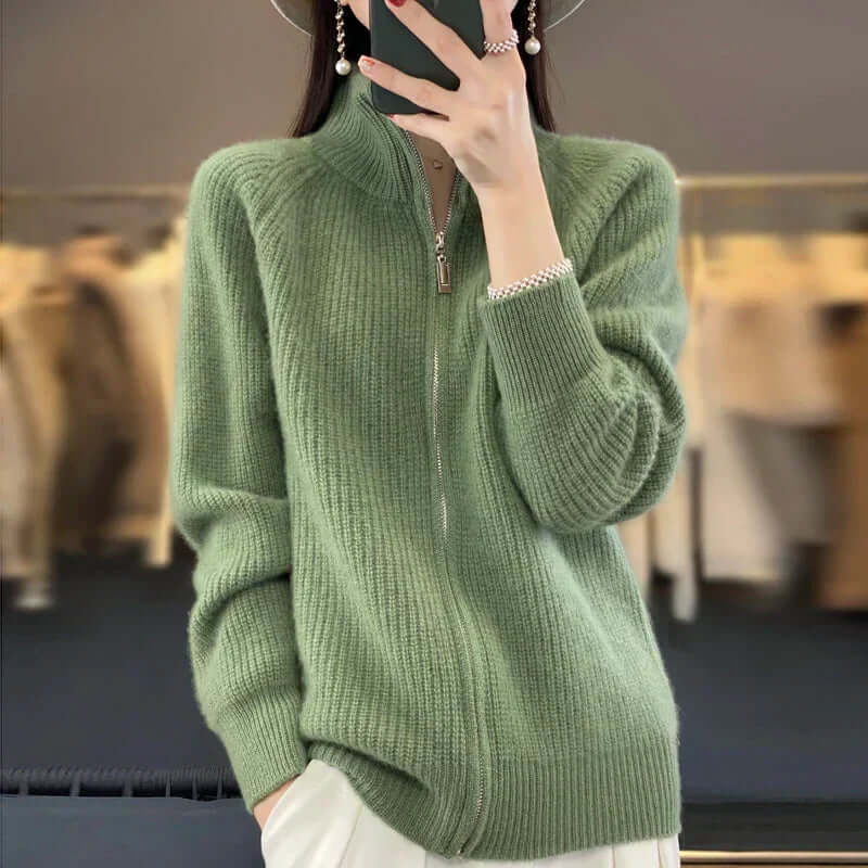 Women's Long Sleeve Knit Cardigan with High Collar and Full Zip