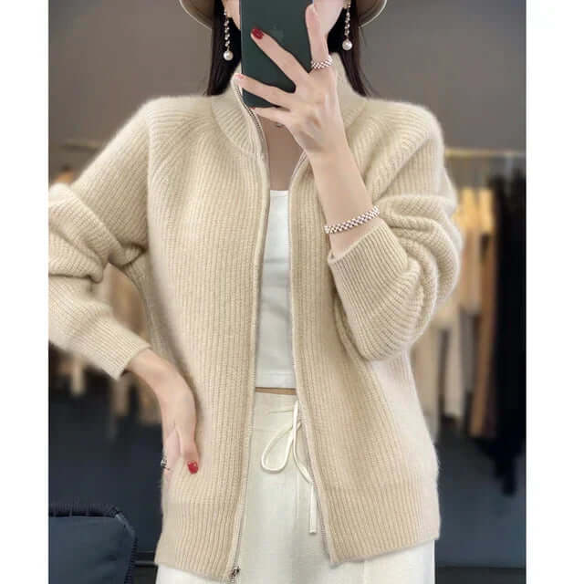 Women's Long Sleeve Knit Cardigan with High Collar and Full Zip