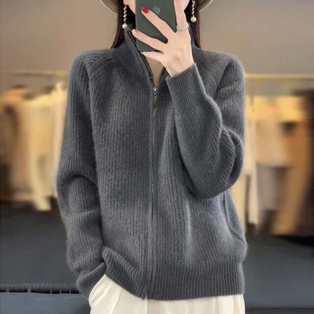 Women's Long Sleeve Knit Cardigan with High Collar and Full Zip