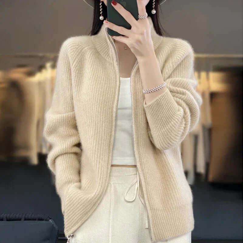 Women's Long Sleeve Knit Cardigan with High Collar and Full Zip