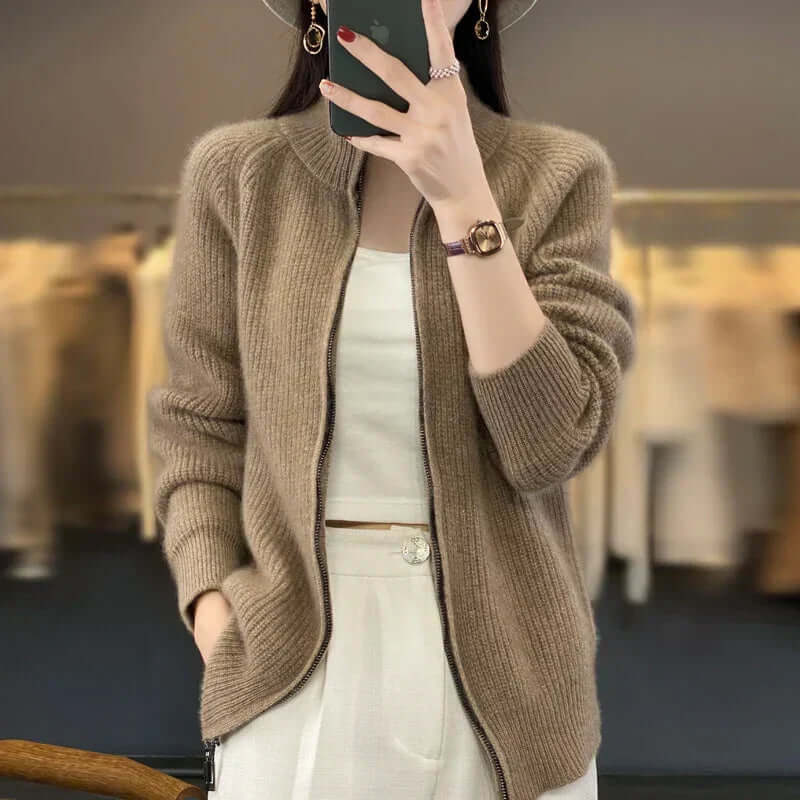 Women's Long Sleeve Knit Cardigan with High Collar and Full Zip