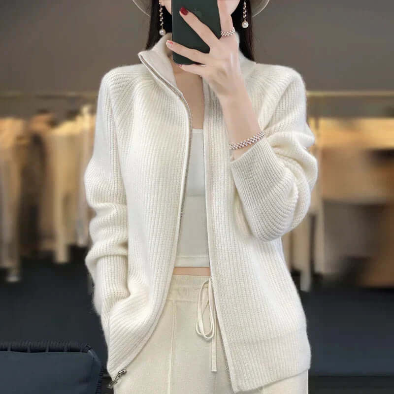 Women's Long Sleeve Knit Cardigan with High Collar and Full Zip