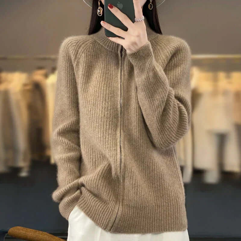 Women's Long Sleeve Knit Cardigan with High Collar and Full Zip