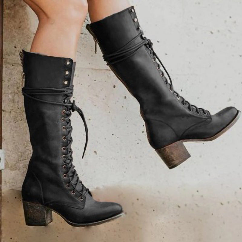Women's Knee-High Chunky Heel Boots with Lace-Up Front
