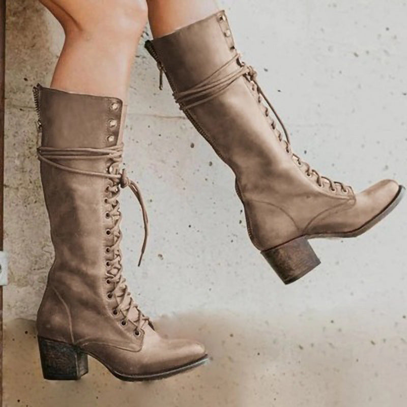 Women's Knee-High Chunky Heel Boots with Lace-Up Front