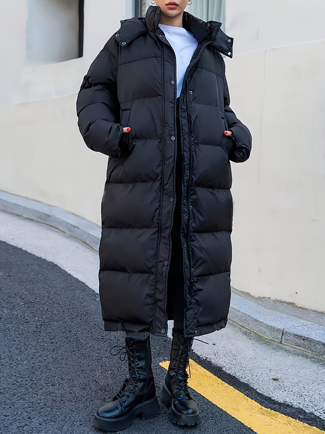 Women's Hooded Long Black Puffer Jacket with Full-Length Quilted Style