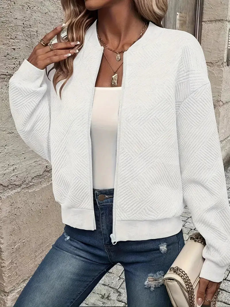 Women's Textured Zip-Up Cardigan with Ribbed Hem and Long Sleeves