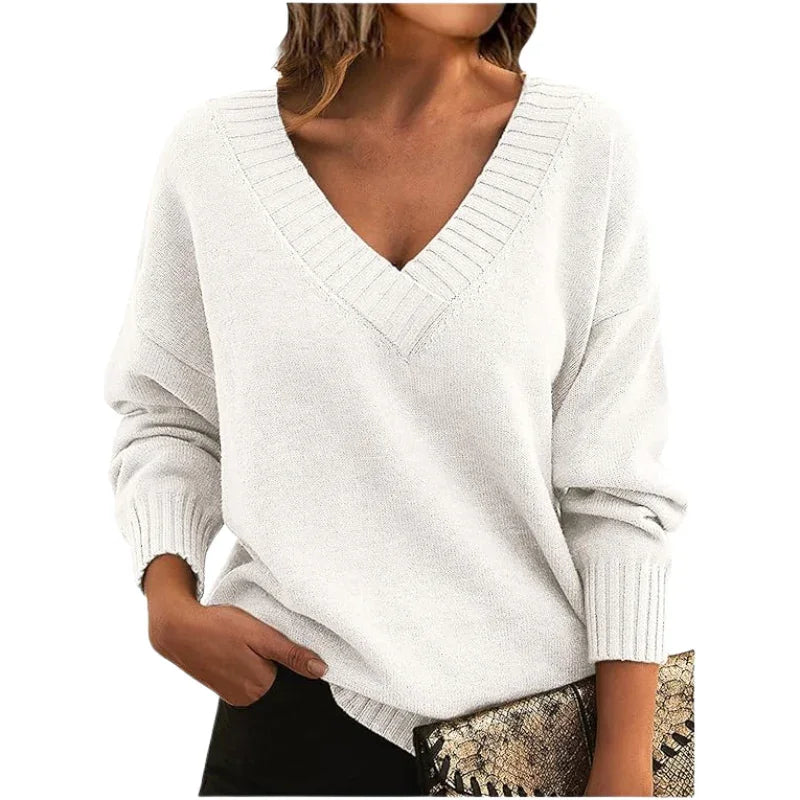 Women's Regular Length Textured Knit Sweater with Relaxed Fit and V-Neck