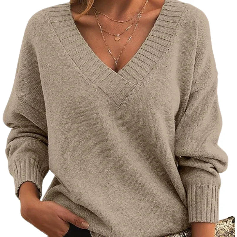 Women's Regular Length Textured Knit Sweater with Relaxed Fit and V-Neck