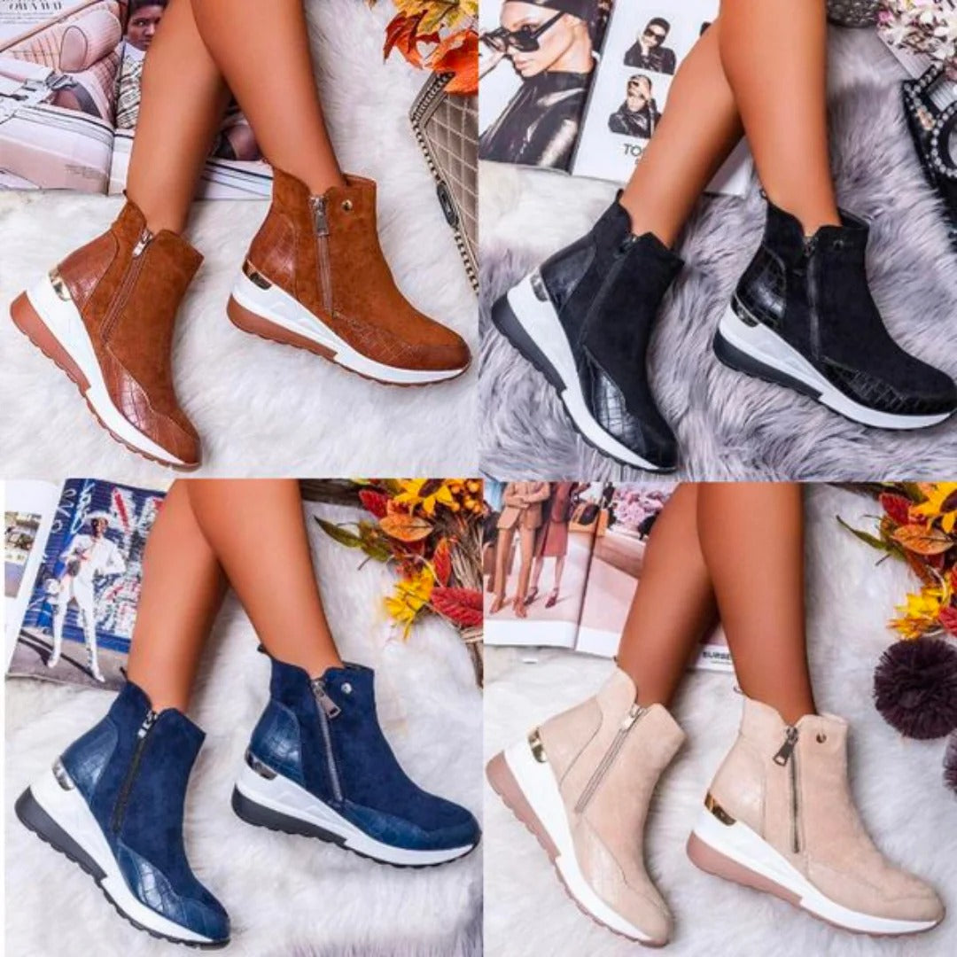 Women's Mid-Calf Wedge Ankle Boots with Side Zipper and Gold Details