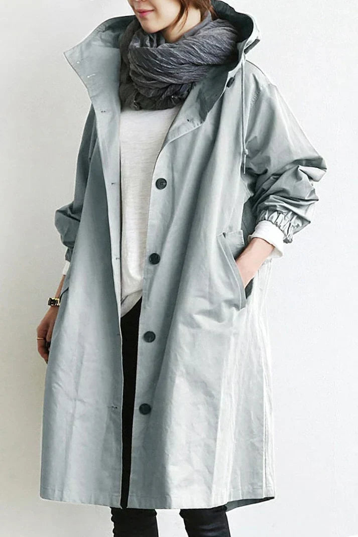 Women's Oversized Hooded Trench Coat with Button Fastening and Pockets