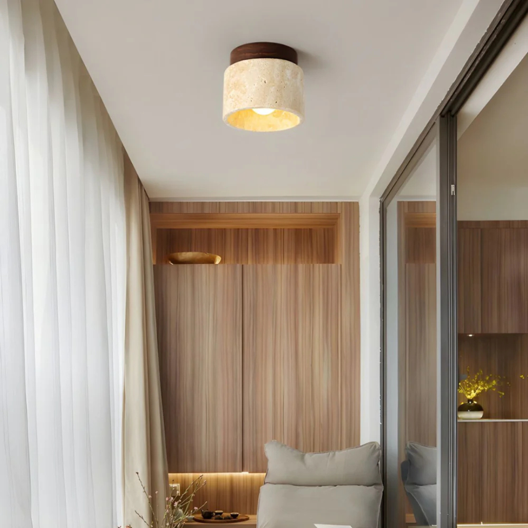 Radia - Lampada da Soffitto Cilindrica in Travertino con Dettagli in Legno