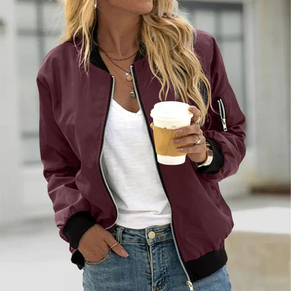 Women's Zip-Up Bomber Jacket with Utility Pocket on Sleeve
