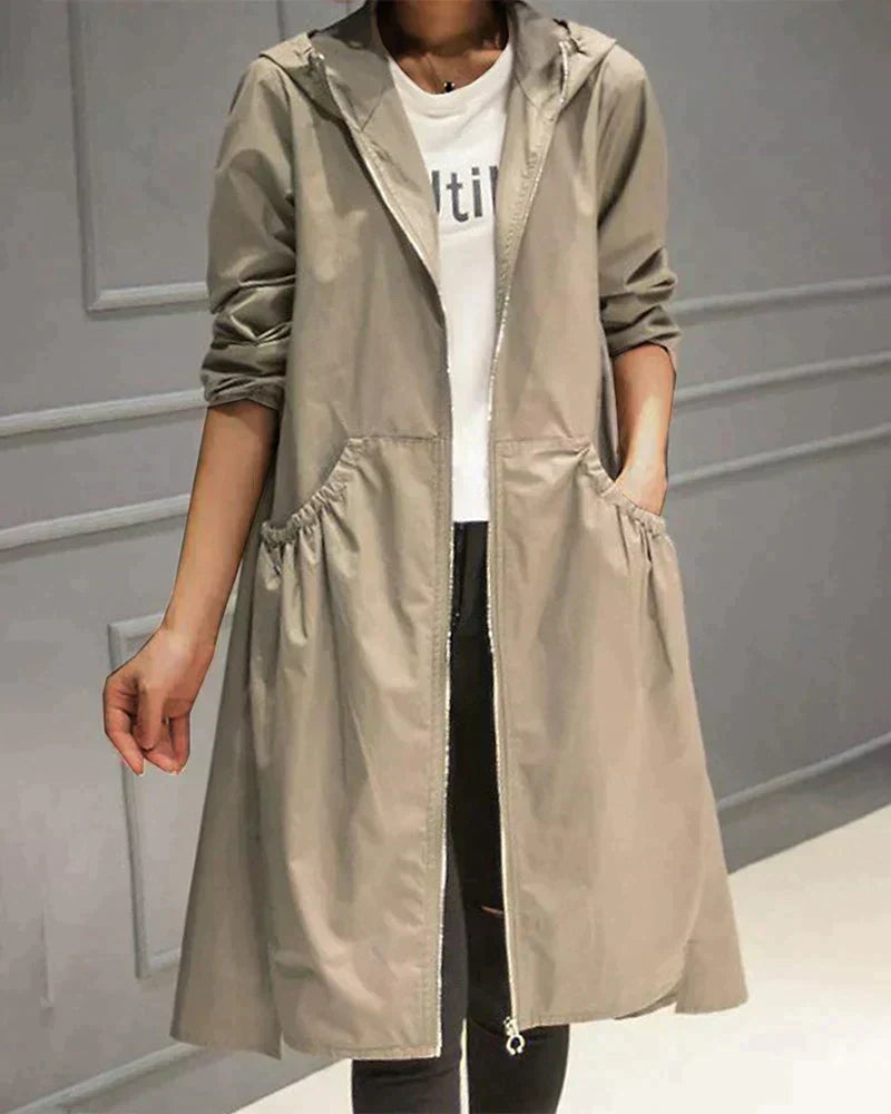 Women's Waterproof Long Hooded Raincoat with Zipper and Weather-Resistant Design