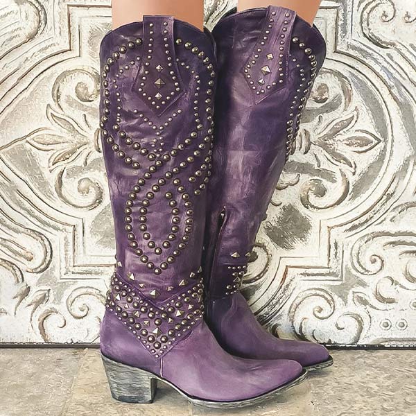 Women's Knee-High Cowboy Boots featuring Rivet Details, Chunky Heel, and Side Zipper
