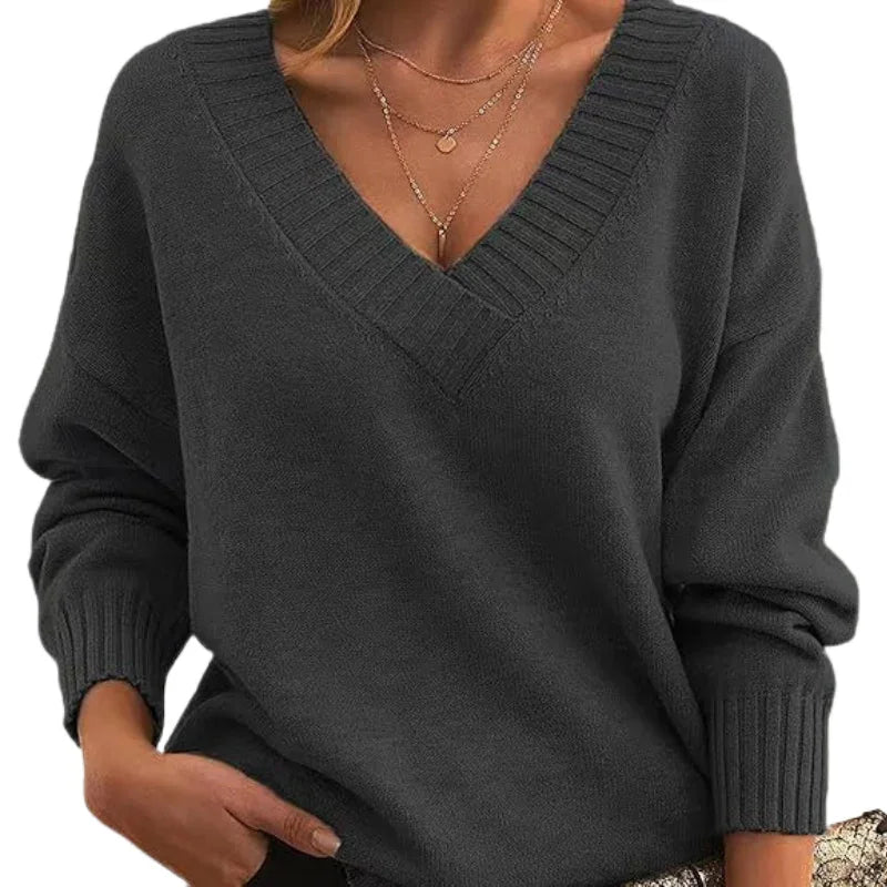 Women's Regular Length Textured Knit Sweater with Relaxed Fit and V-Neck
