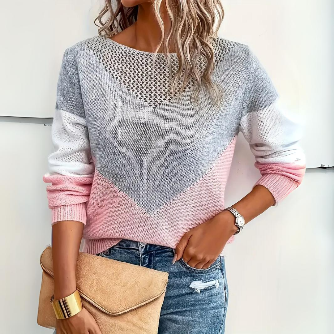 Women's Pointelle Sweater with V-Shape Contrast Panel and Color Block Design