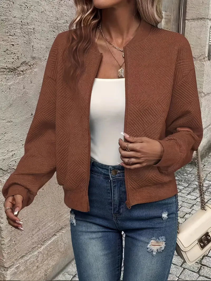 Women's Textured Zip-Up Cardigan with Ribbed Hem and Long Sleeves