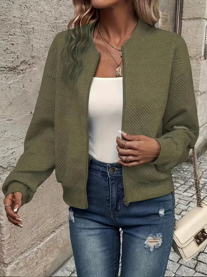 Women's Textured Zip-Up Cardigan with Ribbed Hem and Long Sleeves