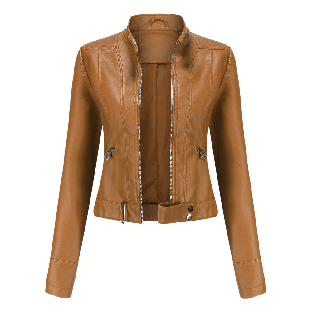 Women's Leather Jacket with Zipper, High Collar, and Belt