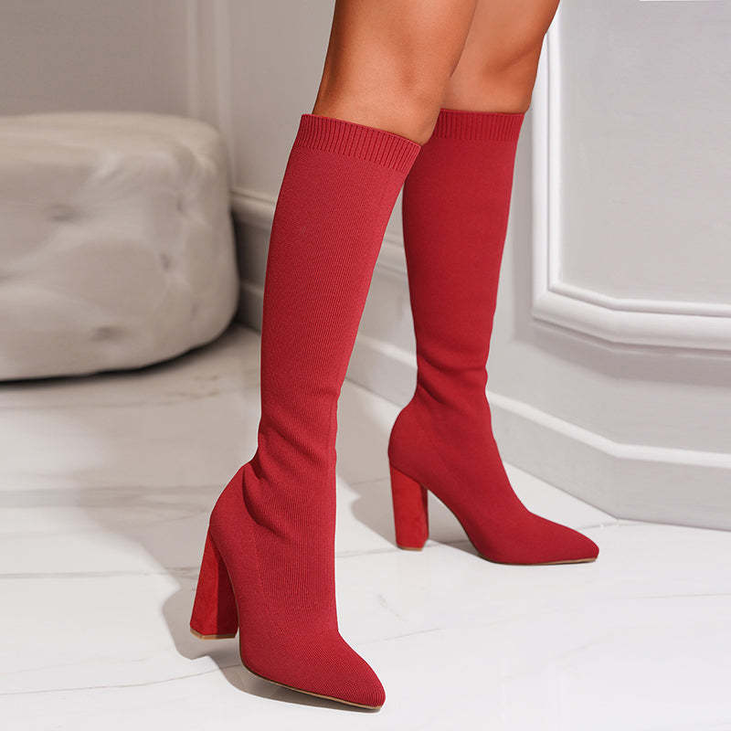 Knee-High Sock Boots for Women with Pointed Toe and Block Heel