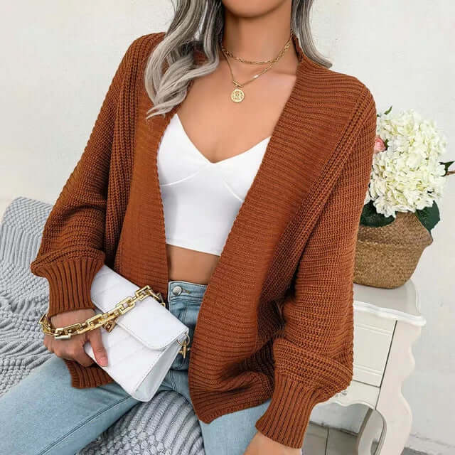 Women's Long-Sleeve Knit Cardigan with Open Front - Relaxed Fit
