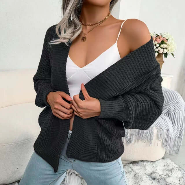 Women's Long-Sleeve Knit Cardigan with Open Front - Relaxed Fit