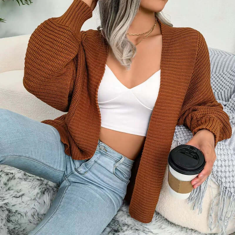 Women's Long-Sleeve Knit Cardigan with Open Front - Relaxed Fit
