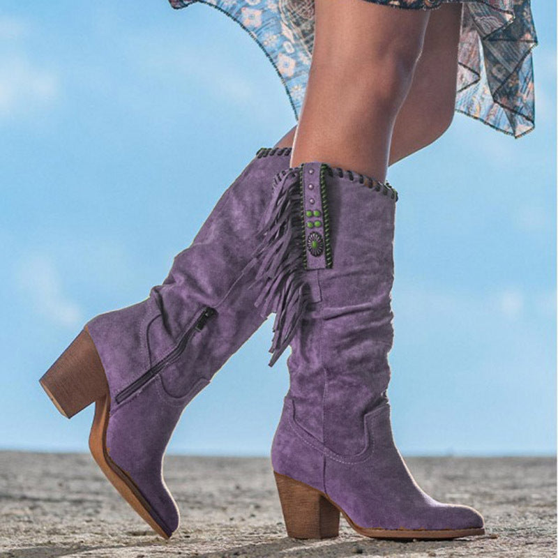 Women's Knee-High Cowboy Boots with Block Heels and Fringe Trim