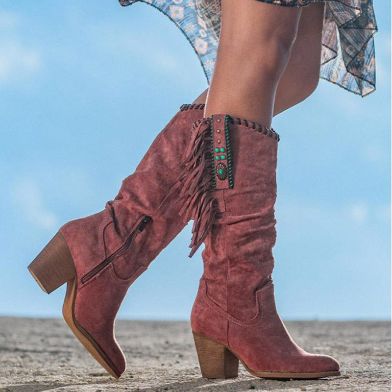 Women's Knee-High Cowboy Boots with Block Heels and Fringe Trim