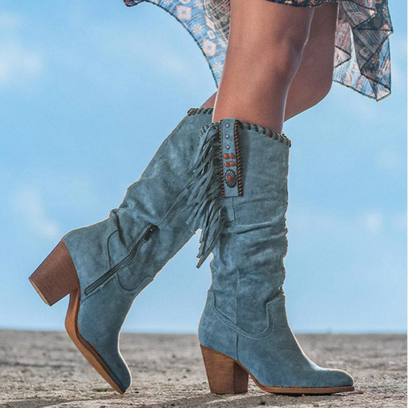 Women's Knee-High Cowboy Boots with Block Heels and Fringe Trim