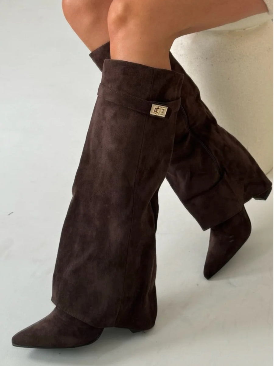 Women's Knee-High Boots with Block Heel and Wide Flare Top