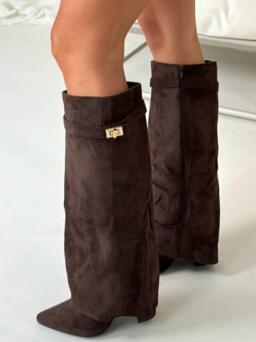 Women's Knee-High Boots with Block Heel and Wide Flare Top