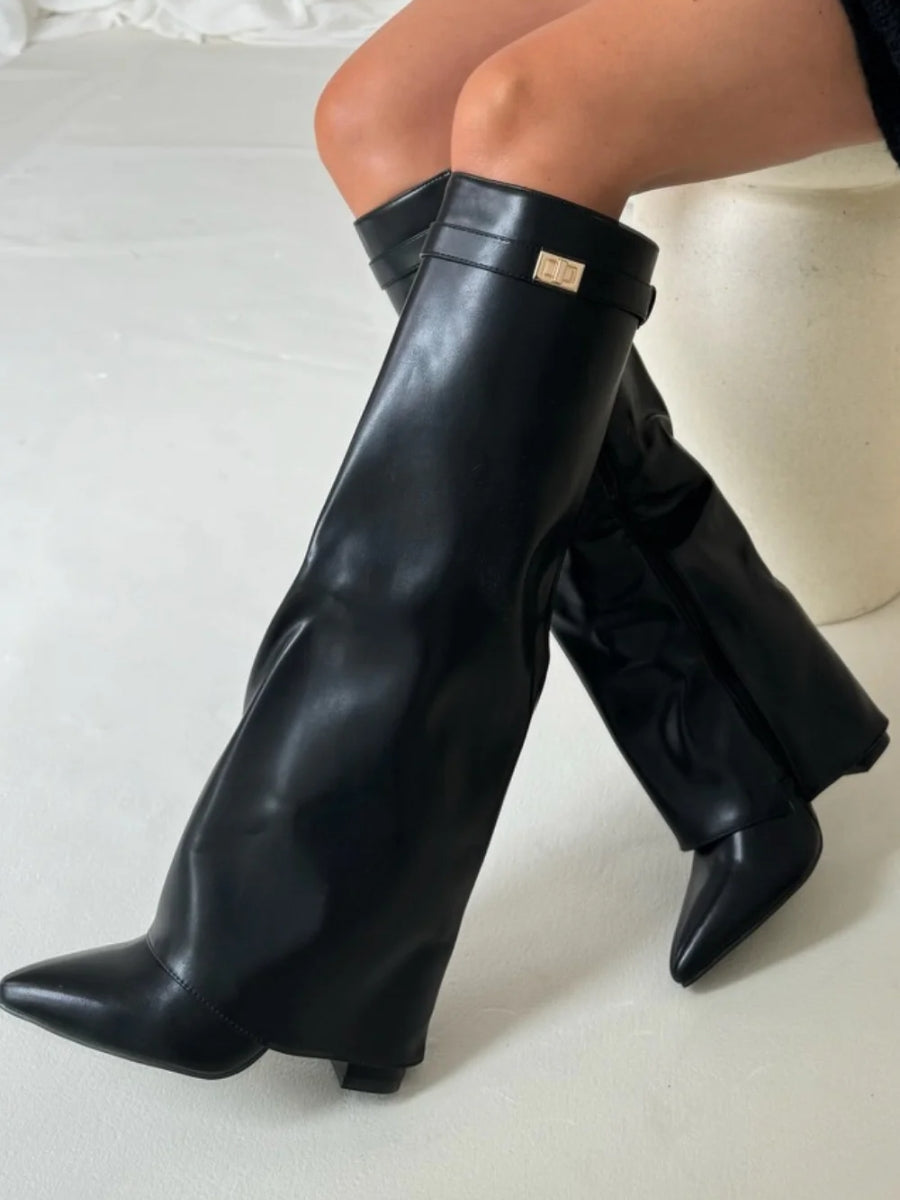 Women's Knee-High Boots with Block Heel and Wide Flare Top