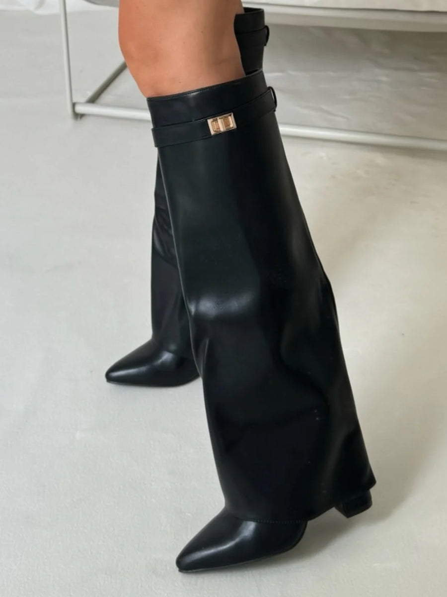 Women's Knee-High Boots with Block Heel and Wide Flare Top