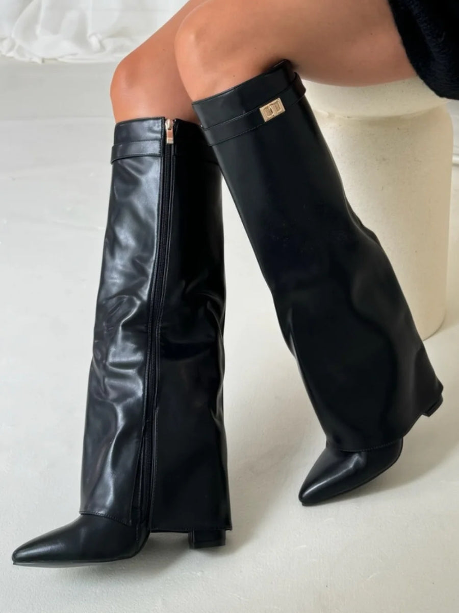 Women's Knee-High Boots with Block Heel and Wide Flare Top
