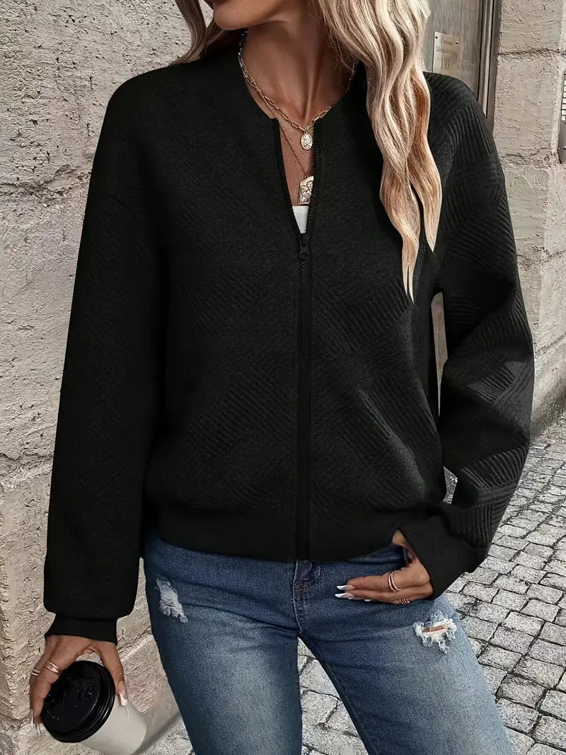 Women's Textured Zip-Up Cardigan with Ribbed Hem and Long Sleeves