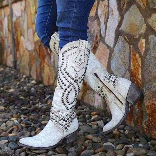 Women's Knee-High Cowboy Boots featuring Rivet Details, Chunky Heel, and Side Zipper