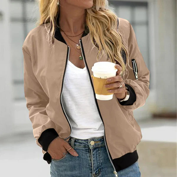 Women's Zip-Up Bomber Jacket with Utility Pocket on Sleeve