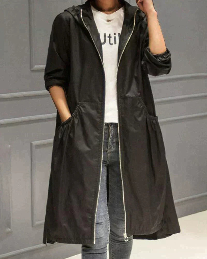 Women's Waterproof Long Hooded Raincoat with Zipper and Weather-Resistant Design