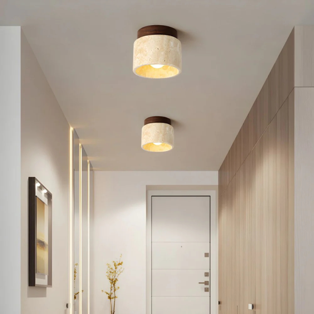 Radia - Lampada da Soffitto Cilindrica in Travertino con Dettagli in Legno