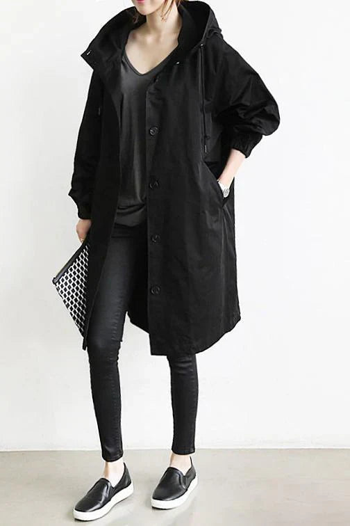 Women's Oversized Hooded Trench Coat with Button Fastening and Pockets