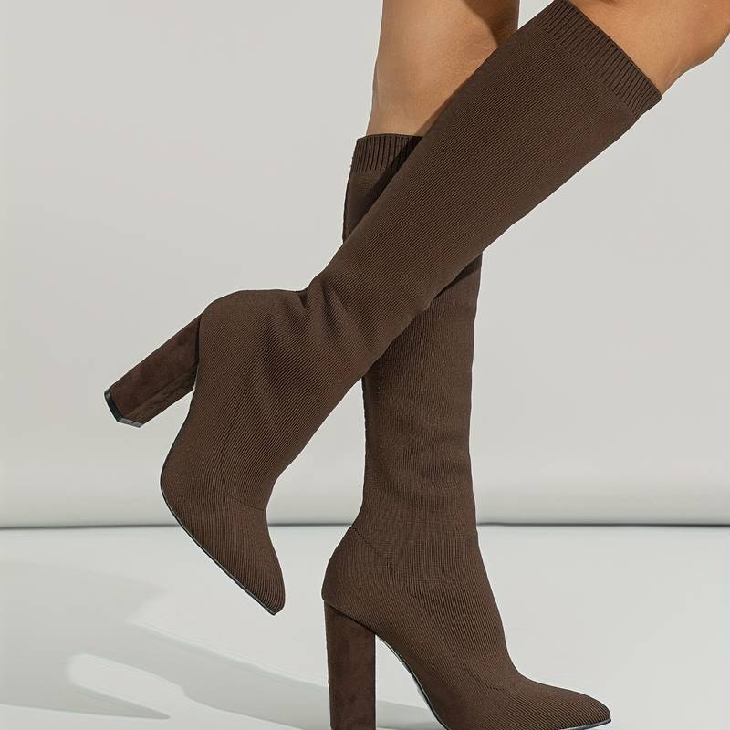 Knee-High Sock Boots for Women with Pointed Toe and Block Heel
