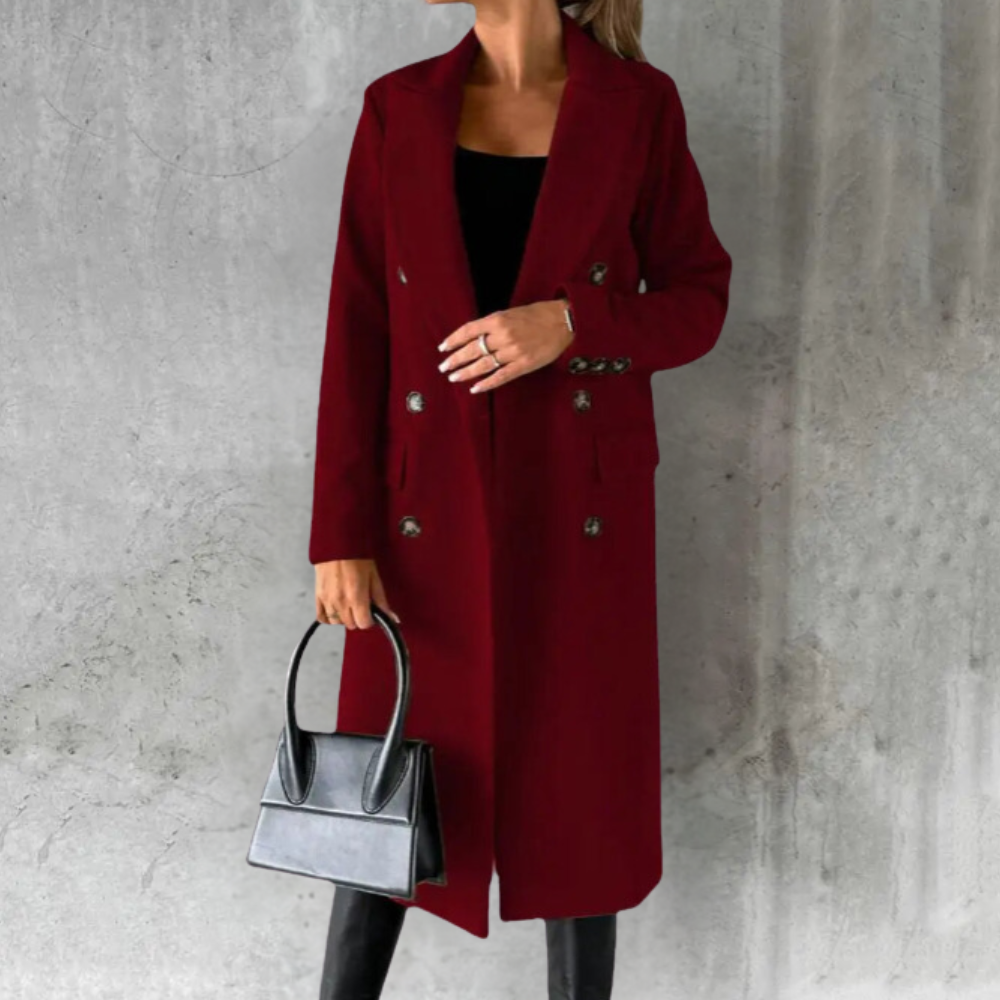 Women's Long Double-Breasted Trench Coat with Buttoned Cuffs