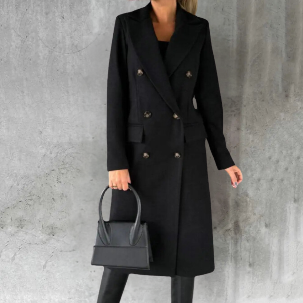 Women's Long Double-Breasted Trench Coat with Buttoned Cuffs