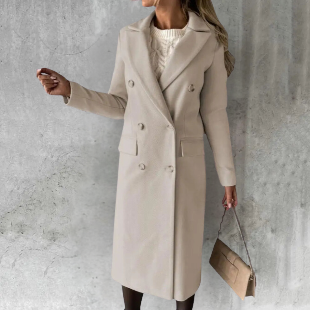Women's Long Double-Breasted Trench Coat with Buttoned Cuffs